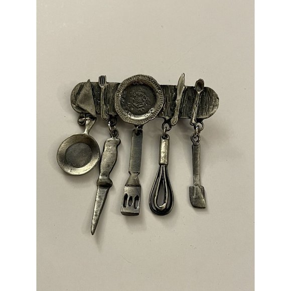 Unbranded Jewelry - Vintage Art Deco Pin Brooch Kitchen Utensils Pots Silverware  C4